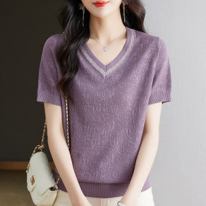 Ice Silk Knitted Short Sleeve T-Shirt Womens Summer New Loose Large Size Fashion V-Neck Silk Top Korean Style Commute