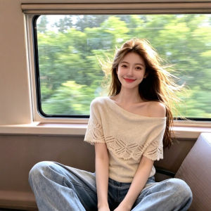 CHOEFULYN | French Floral Lace Openwork Side Neck One-Shoulder Summer Stylish Tee