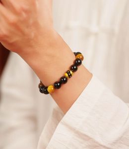 ZHOU LIU FU 周六福 24K Solid Gold Beaded Bracelets Black Agate Tiger Eye Beads Stretch Bracelet Blessing Prayer Spiritual Jewelry 6.7"/18CM for Men Husband Son Birthday Special Day Gift A1915271