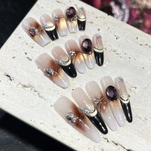 Pure Handmade Long Caramel Amber Nail Tips Wearable Luxury French Drill White Enhancing Elegant False Nails Stickers