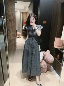 VKSOD | French Vintage Plaid Sash Bubble Sleeve Dress Women Summer New Waist Slimming Long A-Line Skirt Casual Style High Waist Zipper