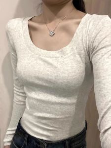 เสื้อยืดคอกลมแขนยาวผ้าฝ้ายแท้สำหรับผู้หญิงในฤดูใบไม้ร่วงและฤดูหนาว เสื้อชั้นในทรงเข้ารูป เสื้อชั้นในพื้นฐาน เสื้อผ้าทำงานสไตล์เกาหลี