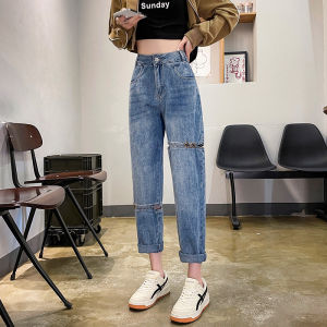 YIMEI MODE Korea Design Sense กางเกงยีนส์แต่งลายขาดๆผู้หญิงฤดูใบไม้ผลิ2023เอวสูงหลวม Slim กางเกงยีนส์ขาเต่อขนาดเล็กกางเกงยีนส์