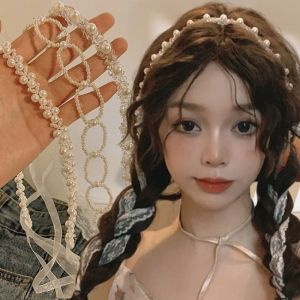 ที่คาดผมริบบิ้นไข่มุกคริสตัลปักหวานโลลิต้าสำหรับผู้หญิงหญิงสาวสายรัดศีรษะลูกไม้ถักแบบบัลเล่ต์สไตล์นางฟ้าหางม้าผูกผม