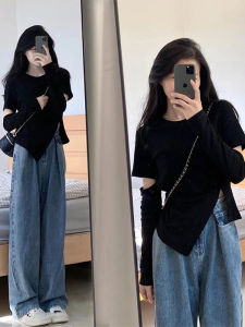 Áo Thun Cotton Dài Tay Thiết Kế Tay Khoét Sâu Thanh Lịch Dành Cho Nữ Mùa Thu 2025 Áo Thun Cổ Tròn Dáng Ôm Vừa Vặn