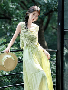 Artistic Hollow out Knitted Sweater Shawl Dress Two Piece Set Women Summer 2024 Slimming Fashion Ensemble Short Sleeve round Neck