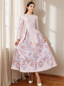 Đầm Dạ Hội Màu Hồng Tulip Chất Liệu Jacquard Cao Cấp Cổ Tròn Kiểu Dáng Trang Trọng Dành Cho Nữ Mùa Thu/đông 2025 Dự Tiệc Cưới Dài Đến Mắt Cá Chân