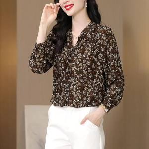AMMIN 2025 Spring new simple stand collar fashion single breasted long sleeve chiffon blouse Korean style vintage floral print plus size elegant blouse