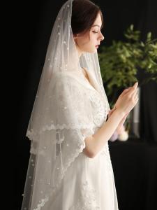 Starry Wedding Dress Headpiece Pearl Lace Bridal Gown French Vintage Double Layer Soft Tulle Travel Photography