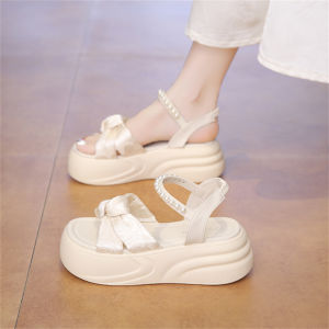 Womens Summer Thick Heel Sandals Pearl Fashion High Sensation Beach Shoes Heightening Sandals Fairy Style Butterfly Knot Casual