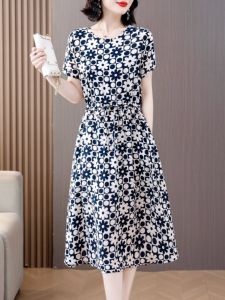 Elegant Midlife Mom Summer Fashion High-Yield Cotton Silk Dress Chinese Style Print A-Line Long Skirt for Women over 40