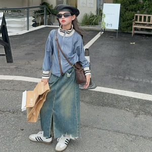 Trendy Girls Denim Mini Skirt Spring Autumn New Fashion Big Kids Slit Skirts A-Line Skirts Korean Style Childrens Clothing