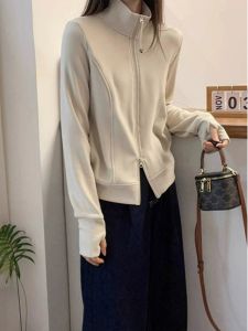 Double Zipper Stand Collar Short Womens Sweatshirt Jacket Breathable Casual Top Small Size Early Autumn Spring Fashion
