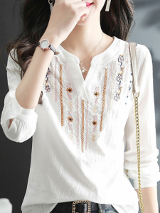 Casual Cotton Long Sleeve Womens Shirt White Embroidered Ethnic Style Versatile Tie Spring Autumn New Fashioned
