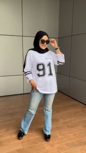 Kaos Angka Nomor 91 Wanita Baseball Lengan 7 8 Aldira Katun Combed 24s Warna terbaru Atasan Kasual Liburan Santai Outfit Sporty Wanita Hijab Friendly/kaos wanita/kaos baseball wanita/number series