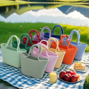 Dopamine Pure Color Cotton Rope Woven Large Capacity Cosmetic Bag Sweet Style Womens Handbag Daily Accessory Bag