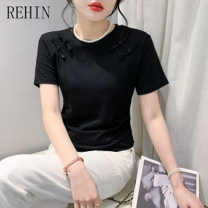 REHIN Womens T-shirt Pleated Plate Design Short Sleeve Tee Vintage  Simple Elegant Round Neck Blouse