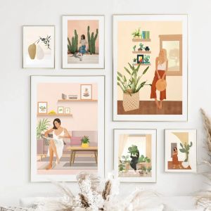 Boho Girl Vase Cactus Monstera Abstract Nordic Wall Art Canvas Painting Posters Prints Pictures For Living Room Interior Decor