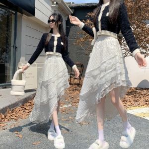 Irregular Lace Half Skirt Womens Commute Versatile A-Line Skirt High Waist Korean Style Polyester Fiber Midi Skirt