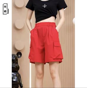 Red Summer Shorts Womens Casual Thin Quick Dry Work Pants High Waist Loose Wide Leg Medium Length Sports Pants