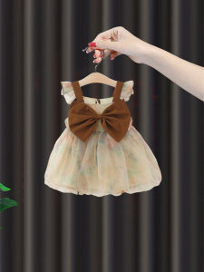 Princess Style Summer Dress for Girls Baby Girls Cotton Blend Mesh Skirt Vintage A-Line Midi Dress with Butterfly Knot