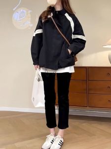 Fall Season Baseball Jacket Womens Casual Outerwear plus Size Bomber Coat Thin Casual Top Commute Style Loose Fit Zipper