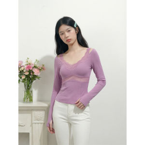 YUEZHONGWEI | French V-Neck Purple Long Sleeve Slim Fit Lace T-Shirt