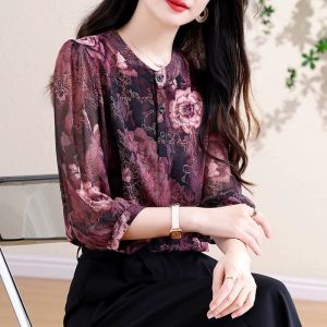 DAIXIANGFEIZI | Áo Blouse Chiffon Hoa Cho Phụ Nữ Mùa Hè Tay Ba Phân