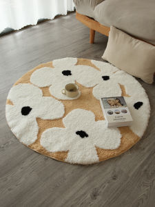 French Style Creamy Floral Carpet round Shaped Flocking Bedside Bedroom Dressing Table Chair Pad Rug Home Decorative Floor Mat