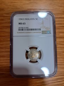 Rainbow Colour 🌈 1941i Malaya King George VI 5 Cents NGC MS 63 Coin Collection Collectible