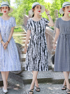 Summer New plus Size Cotton Silk Dress Womens Printed Belted Beach Dress A-Line Short Sleeve round Neck Thin Fabric Dress
