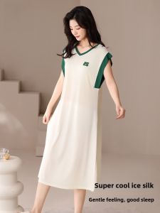 miiow | Cat Woman Ice Silk Sleep Dress Womens Built-in Chest Pad Summer Thin Short Sleeve Dress Mid-length Ladies Nightgown Home Clothes