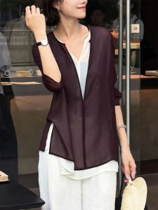QINGNAER | Autumn 2025 New Loose French Style Faux Two-Piece Blouse