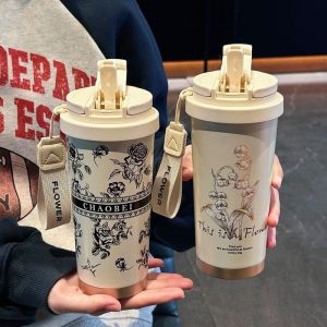 Bellflower Design Thermal Mug High Aesthetic Ceramic Lining Straw Dual Drinking