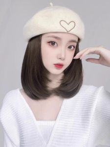 Womens Short Hair Wig Cap Integrated Octagonal Beret Autumn Winter Fashion Natural Lockbone Full Head Cover Fake Hair