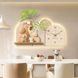 Creamy Style Restaurant Decorative Painting with Clock Elephant Background Wall Art French High-End Creative Wall Lamp Picture
