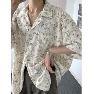 เสื้อเชิ้ตแขนสั้นผ้าไหมน้ำแข็งหลวมๆ ทรงคอคุ๊บสไตล์ชายหาดสำหรับฤดูร้อน ผ้าฝ้ายผสมโพลีเอสเตอร์ ทรงหลวม ทรงหลวม ทรงหลวม