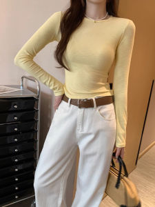 Áo Thun Nữ Tay Dài Màu Vàng Mùa Xuân Mới Phong Cách Hàn Quốc Mặc Trong Cổ Tròn Dáng Ôm Vừa Vặn Chất Liệu Viscose