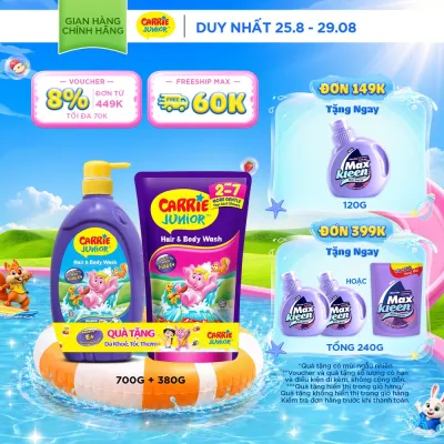 [Tặng kèm túi 380g] Sữa Tắm Gội cho bé Carrie Junior Hương Trái Cây Thiên Nhiên 700g