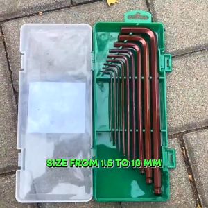 Isku Kunci L Set Ballpoint Panjang 9 PCS ( 1.5 - 10 MM ) Bahan S2 Hex Key Set Lengkap/Flat End Hex Key Tidak berkarat Kunci L Set panjang