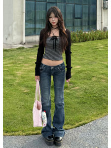 Quần Jeans Ống Loe Cạp Lửng Retro Cho Nữ Cao 175 Cm Quần Dài Đến Sàn Ôm Dáng Mùa Thu Quần Jeans Denim Thường Ngày Cho Nữ