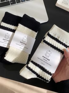 Spring Autumn Womens Stripe Socks Cotton Blend Comfortable Mid-Calf Sports Style Black White Pattern Home Wear Three Pairs