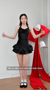 Đầm tiểu thư sang trọng chất Lụa Satin cổ yếm mặc nhiều kiểu hở lưng tầng xòe đính nơ dự tiệc