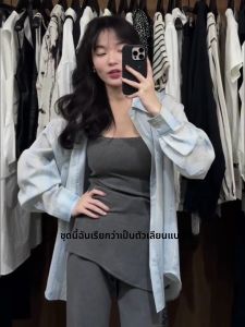 VKSOD | ชุดสามชิ้นสไตล์เกาหลีสำหรับผู้หญิงในช่วงฤดูร้อนปี 2025 คอกลมแขนยาวทรงตรงเอวสูงแบบลำลอง