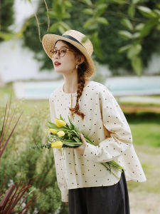 Hua Ji B950 Loose Fit round Neck Polka Dot Shirt Womens Black Sugar Milk Tea Bamboo Texture Spring Outerwear Casual Sweet Style