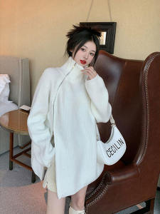 เสื้อสเวตเตอร์ถักคอสูงสำหรับผู้หญิงฤดูหนาว 2025 ใหม่ ทรงหลวม แขนยาว ปกติ เสื้อถักแบบมีซิปด้านข้าง แฟชั่นลำลอง