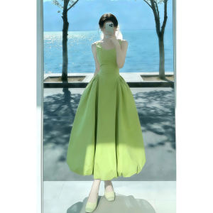 LIRUSHAN | Spring Seaside Resort Style Green Halter Waist Cinching Floral Dress