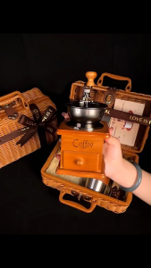 Exquisite Woven Coffee Gift Basket with Hand Grinder Retro Mug and Gourmet Coffee Essentials