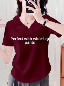 LINGLONGDAI | Summer New 2025 Womens Short Sleeve Polo Neck T-Shirt Pure Cotton Wine Red Short Arc Base Shirt Slim Fit Commute Style Street Fashion