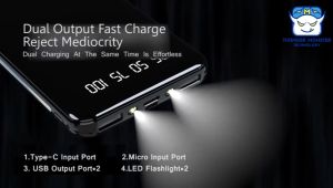 100000mAh Power bank Large Capacity 2.1A Fast Charging Digital Display Power Bank Mirror 4USB Output Black Multifunction